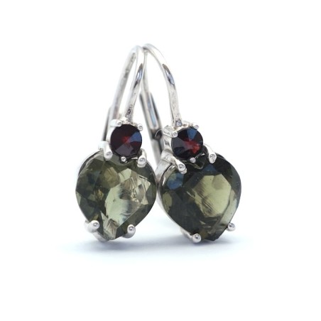 Stříbrné náušnice s pravým vltavínem a tradičním českým granátem/ Stříbro 925.