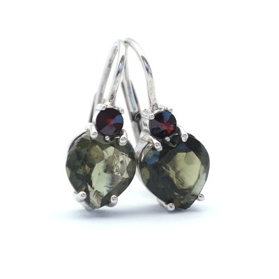 Stříbrné náušnice s pravým vltavínem a tradičním českým granátem/ Stříbro 925.
