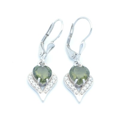 Stříbrné visací náušnice s pravým vltavínem ve tvaru srdíčka a zirkony / Stříbro 925.