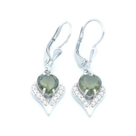 Stříbrné visací náušnice s pravým vltavínem ve tvaru srdíčka a zirkony / Stříbro 925.