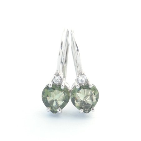 Stříbrné náušnice s pravým vltavínem ve tvaru srdce a čirým kubickým zirkonem/Tradiční české šperky.