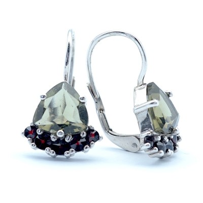 Stříbrné náušnice s pravým  vltavínem 7x7 mm a českými granáty / Stříbro 925.