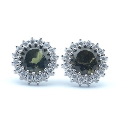 Náušnice s pravým broušeným vltavínem a čirými kubickými  zirkony /Přírodní český šperk.