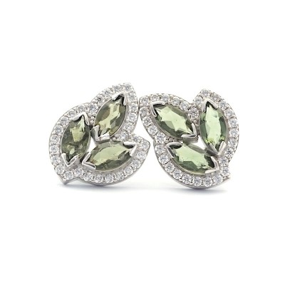 Stříbrné náušnice s pravými vltavíny 8 x 4 mm a čirými zirkony / Listový design.