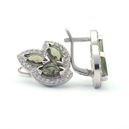 Stříbrné náušnice s broušenými vltavíny a zirkony - elegantní lístkový design