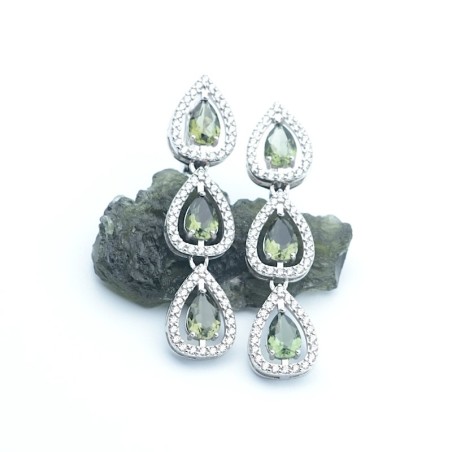 Stříbrné náušnice s pravými českými vltavíny 7x5 mm a kubickými zirkony/Kaskádové slzy.