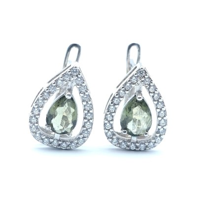 Stříbrné náušnice s pravým broušeným vltavínem síla 4x6 mm a čirými kubickými  zirkony/Stříbro 925.