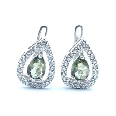 Stříbrné náušnice s pravým broušeným vltavínem síla 4x6 mm a čirými kubickými  zirkony/Stříbro 925.