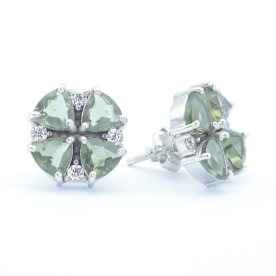 Stříbrné náušnice s pravým vltavínem a kubickým zirkonem / Puzetové zapínání.