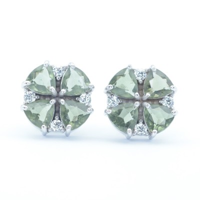 Stříbrné náušnice s pravým vltavínem a kubickým zirkonem / Puzetové zapínání.