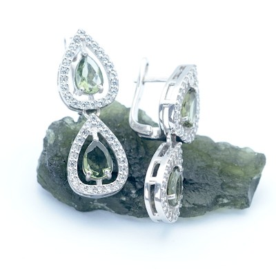 Stříbrné náušnice s přírodními vltavíny a kubickými zirkony - dvojitá slza