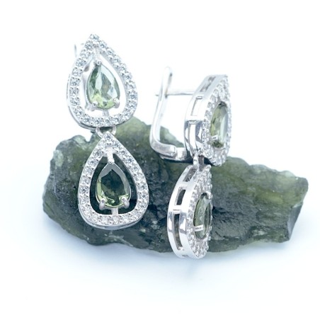 Stříbrné náušnice s přírodními vltavíny a kubickými zirkony - dvojitá slza