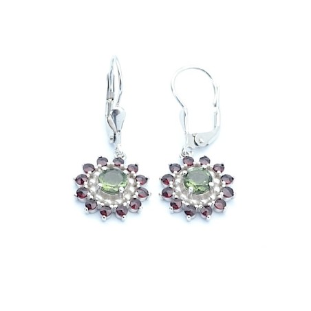 Luxusní náušnice s vltavínem a českým granátem / Stříbro 925.