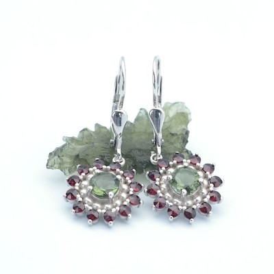 Luxusní náušnice s vltavínem a českým granátem / Stříbro 925.