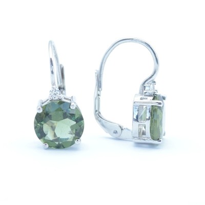 Stříbrné náušnice s broušeným  vltavínem a kubickým zirkonem - tvar kulatý  9 mm