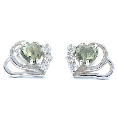 Stříbrné náušnice s pravým vltavínem 4 mm srdce a čirými zirkony / Stříbro 925.