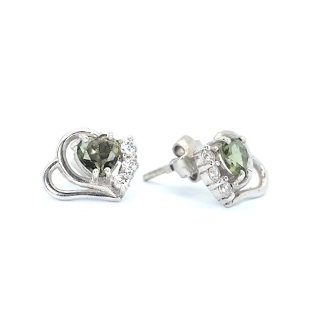 Stříbrné náušnice s broušeným vltavínem a kubickými zirkony - srdce