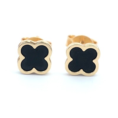 Jemné zlaté náušnice 14kt s černým onyxovým čtyřlístkem / Česká puncovní značka.