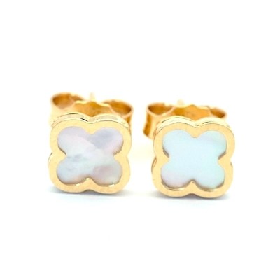 Zlaté náušnice 14kt s perleťovým čtyřlístkem / Česká puncovní značka.