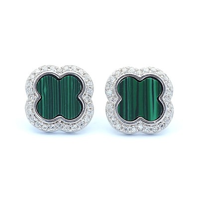 Stříbrné náušnice s achátovým čtyřlístkem , kolem kamene osázené čiré zirkony / Stříbro 925.