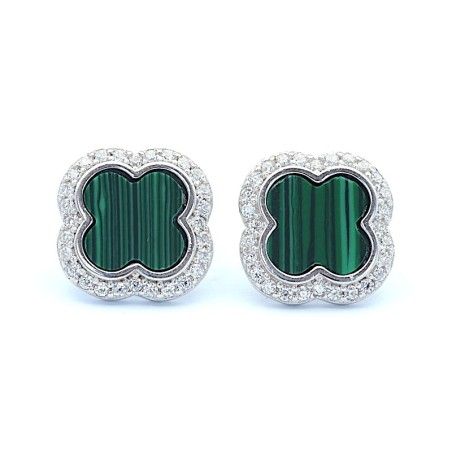 Stříbrné náušnice s achátovým čtyřlístkem , kolem kamene osázené čiré zirkony / Stříbro 925.