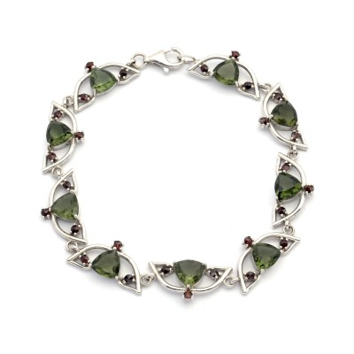 Stříbrný náramek s broušenými vltavíny a českými granáty