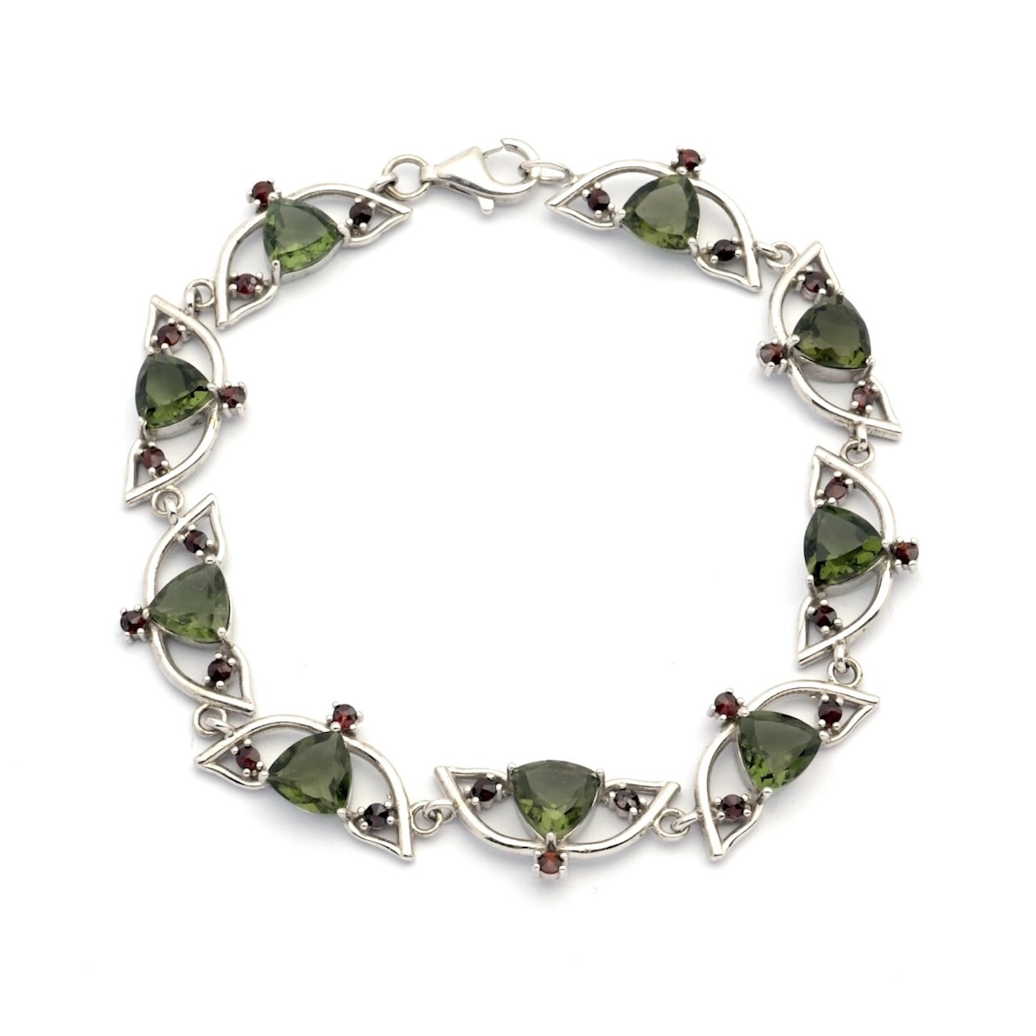 Stříbrný náramek s broušenými vltavíny a českými granáty