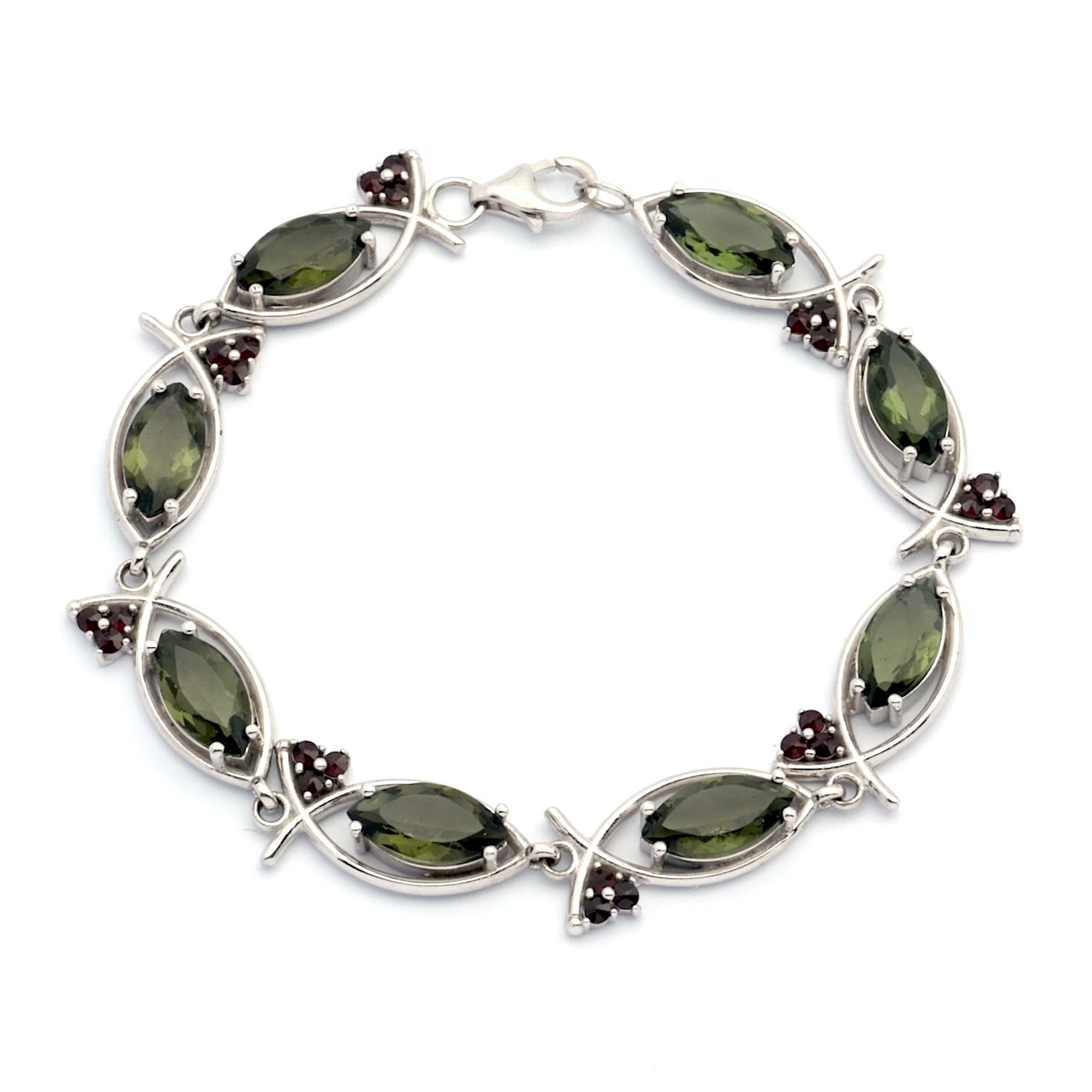 Stříbrný náramek s broušenými vltavíny a českými granáty