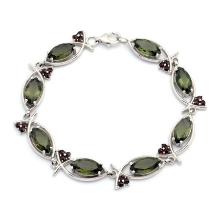 Stříbrný náramek s vltavíny a českými granáty / Stříbro 925.